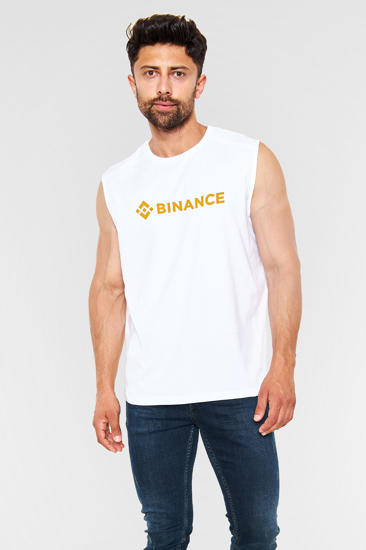 Binance Baskılı Beyaz Unisex Kolsuz Tişört - Tshirt