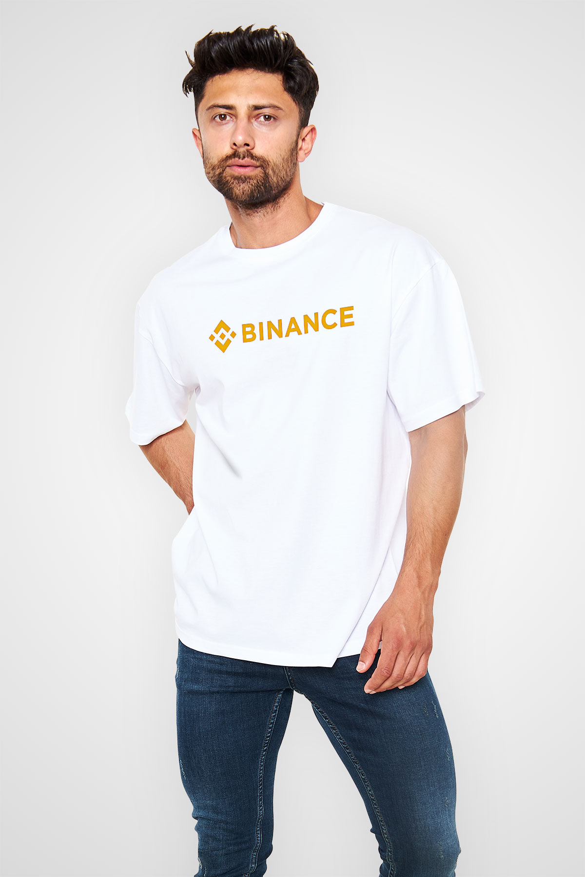 Binance Baskılı Beyaz Unisex Oversize Tişört - Tshirt