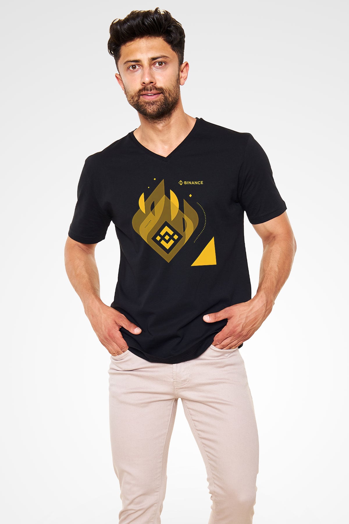 Binance Baskılı Unisex Siyah V Yaka Tişört - Tshirt