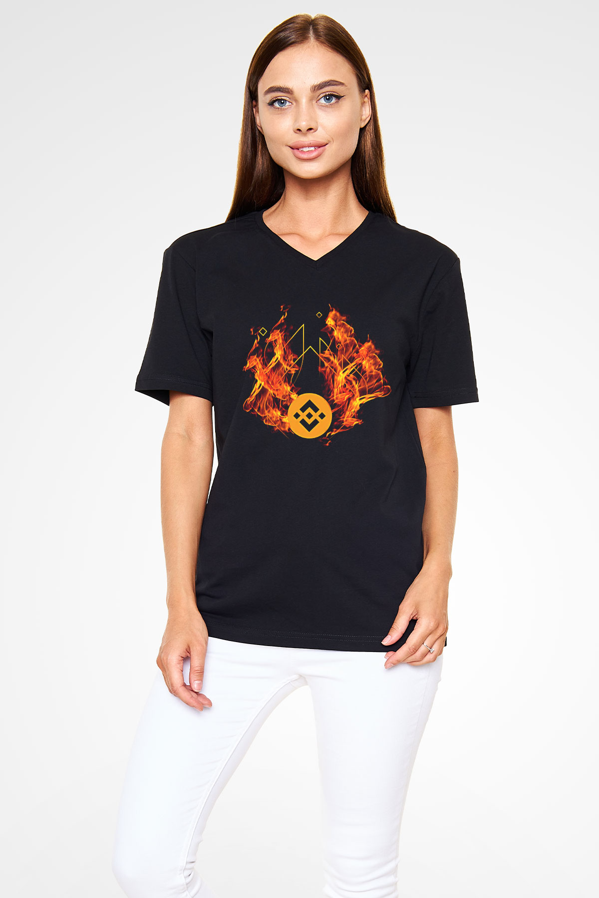 Binance Baskılı Unisex Siyah V Yaka Tişört - Tshirt