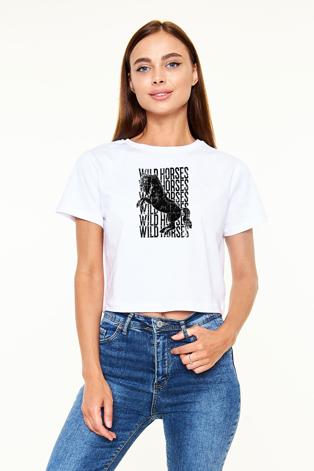 Binicilik Baskılı Crop Top Beyaz Tişört - T-shirt