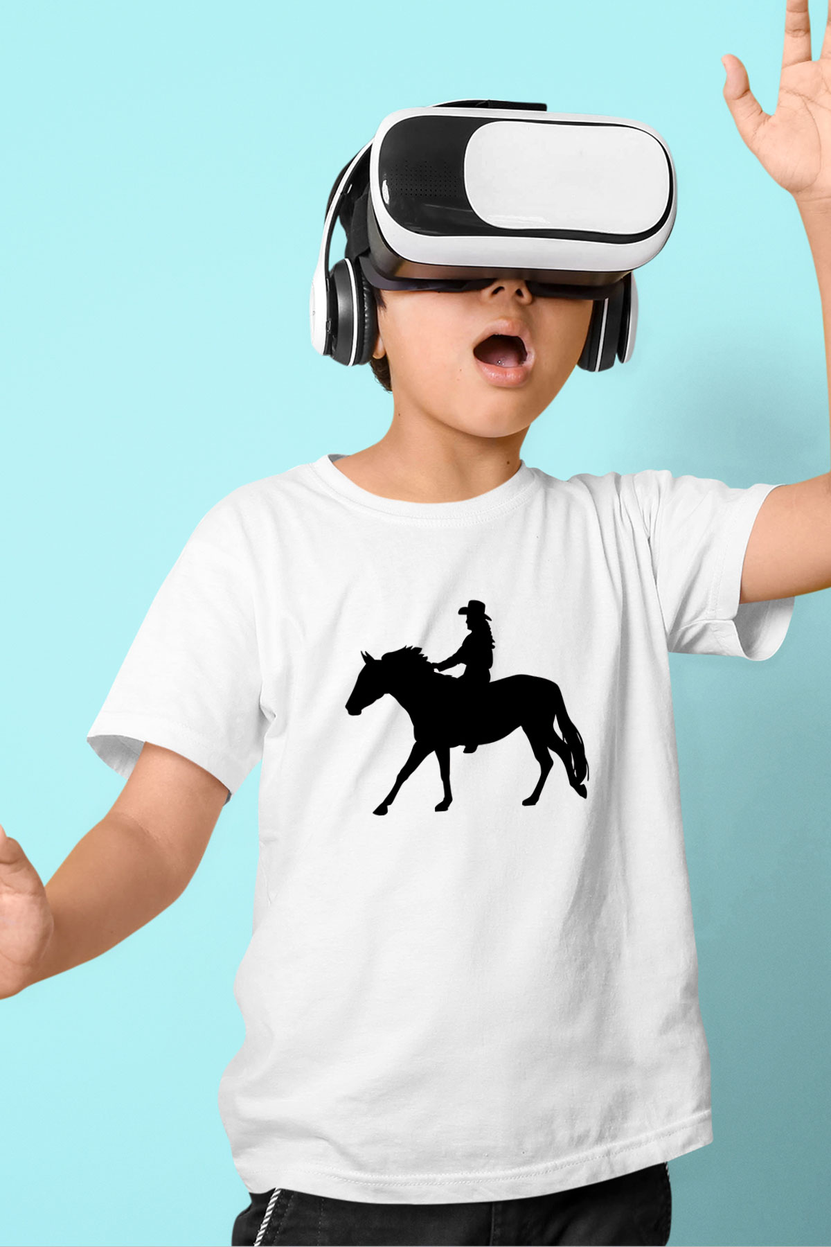 Binicilik Baskılı Unisex Beyaz Çocuk Tişört - Tshirt