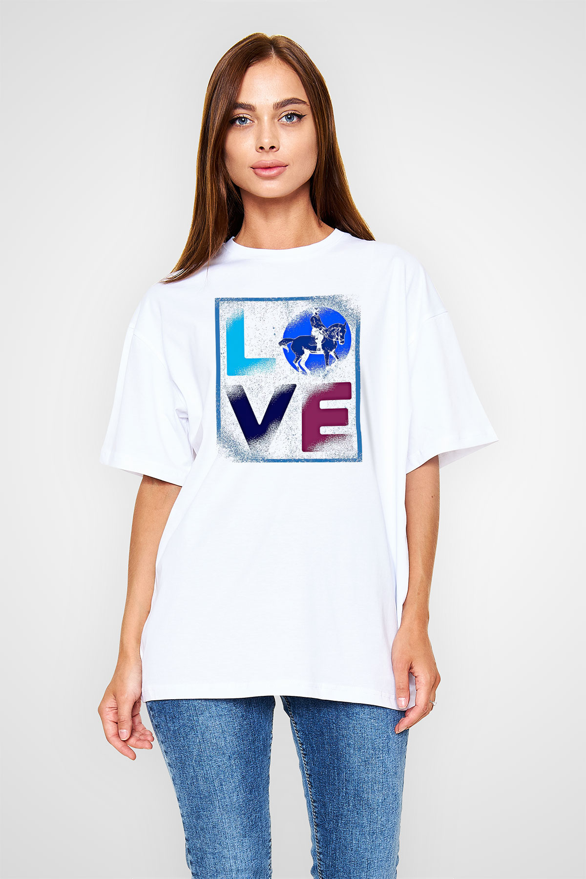 Binicilik Baskılı Unisex Beyaz Oversize Tişört - Tshirt