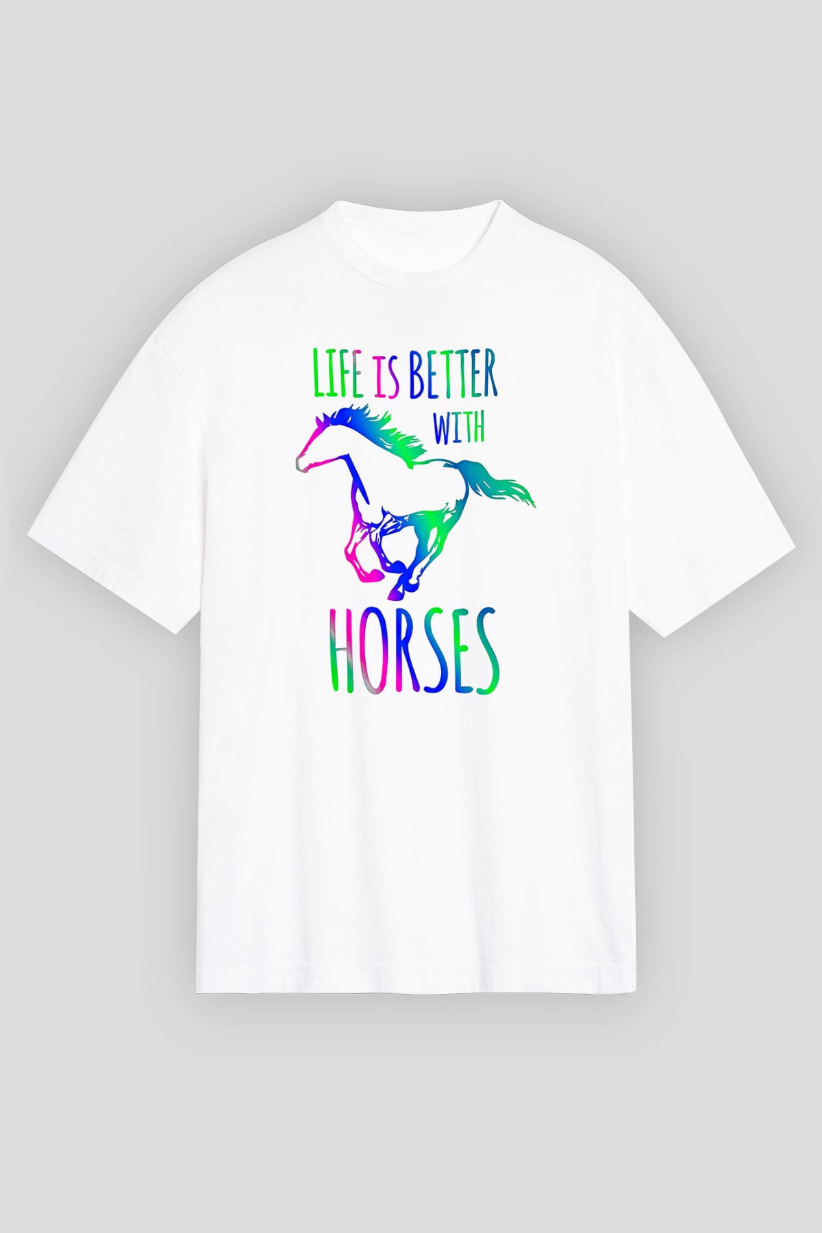Binicilik Baskılı Unisex Beyaz Oversize Tişört - Tshirt