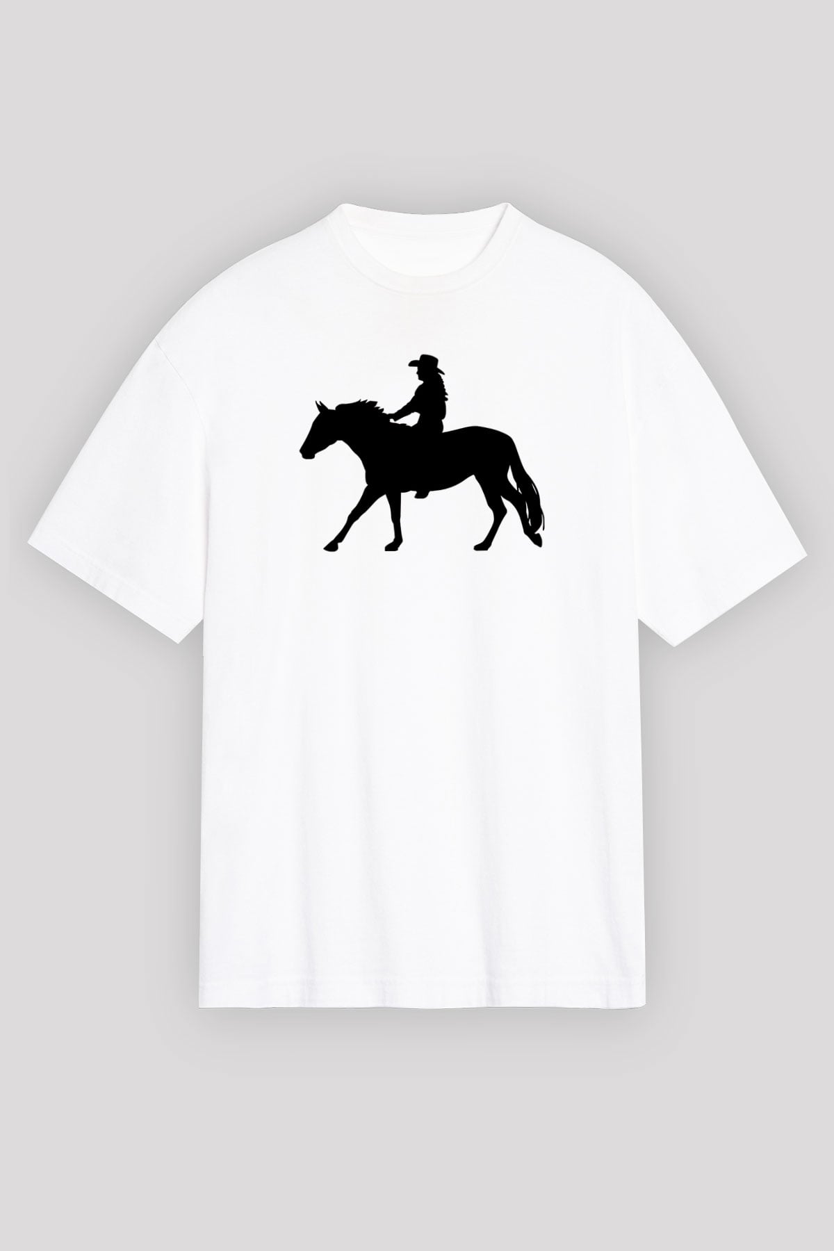 Binicilik Baskılı Unisex Beyaz Oversize Tişört - Tshirt
