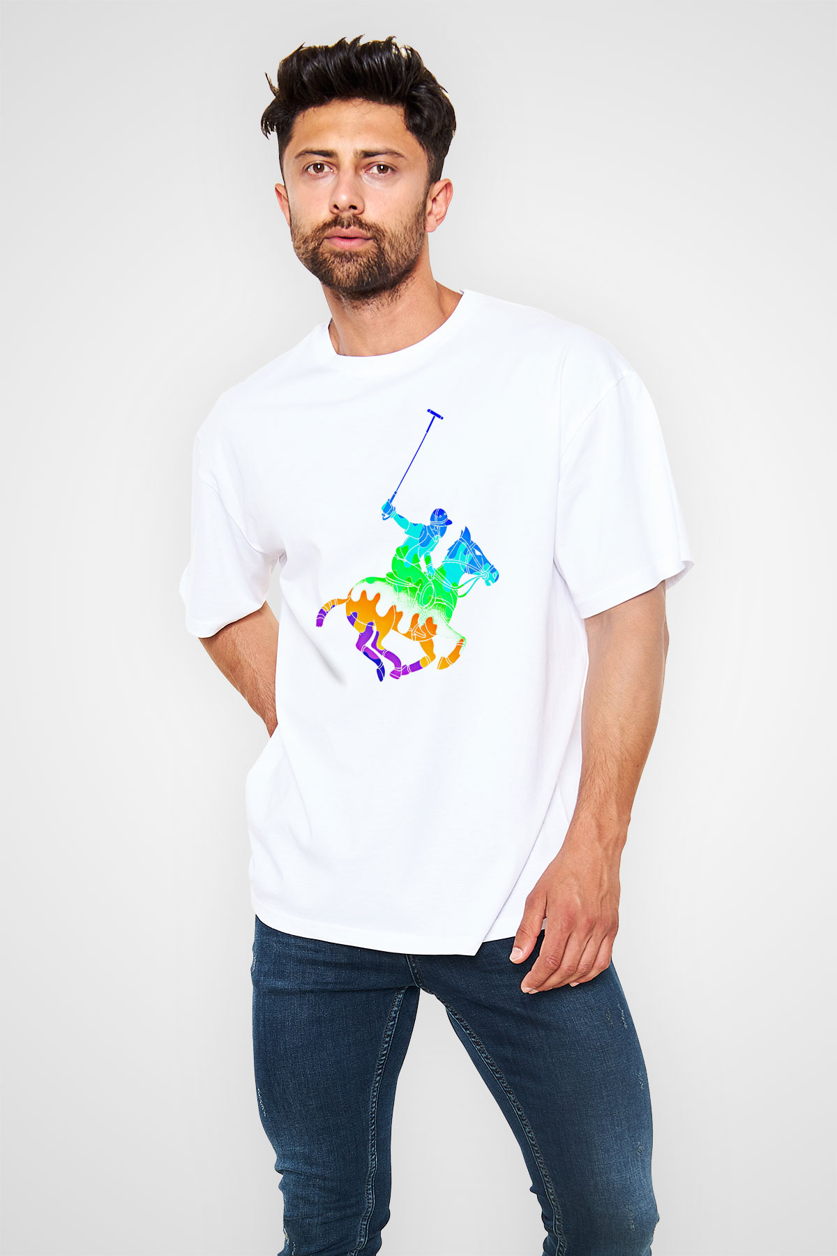 Binicilik Baskılı Unisex Beyaz Oversize Tişört - Tshirt