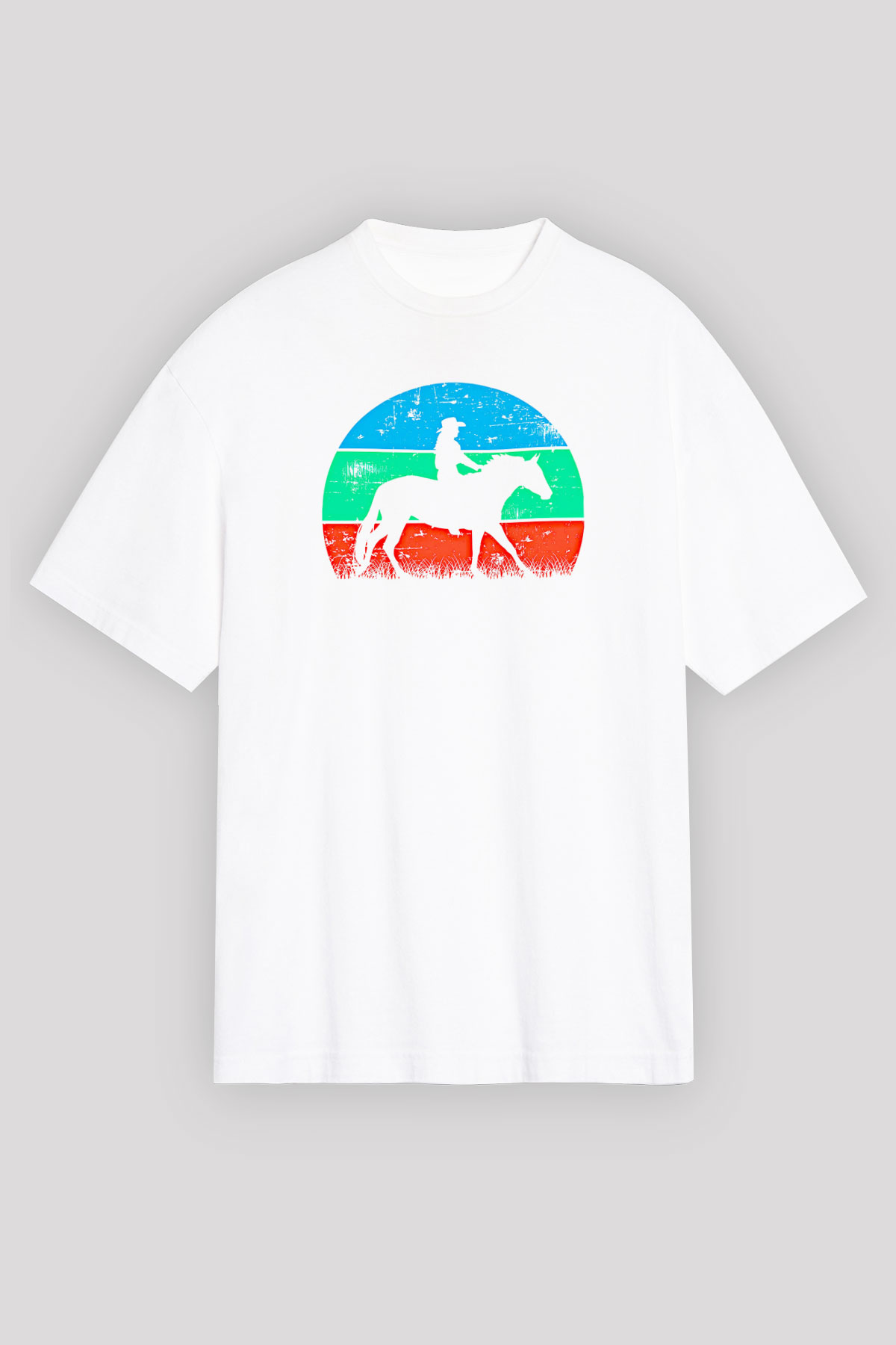 Binicilik Baskılı Unisex Beyaz Oversize Tişört - Tshirt