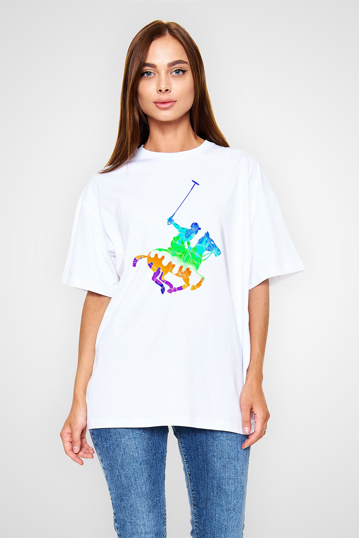 Binicilik Baskılı Unisex Beyaz Oversize Tişört - Tshirt