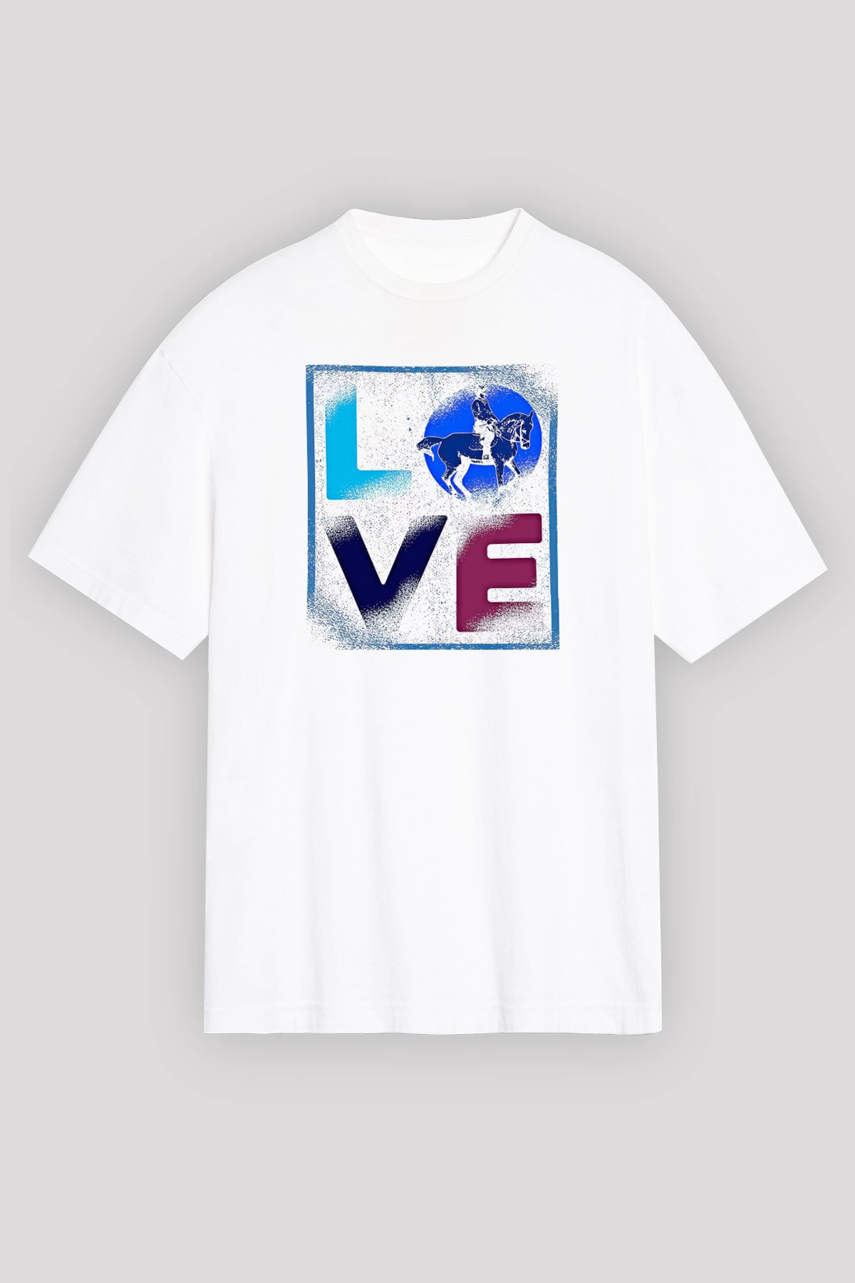 Binicilik Baskılı Unisex Beyaz Oversize Tişört - Tshirt
