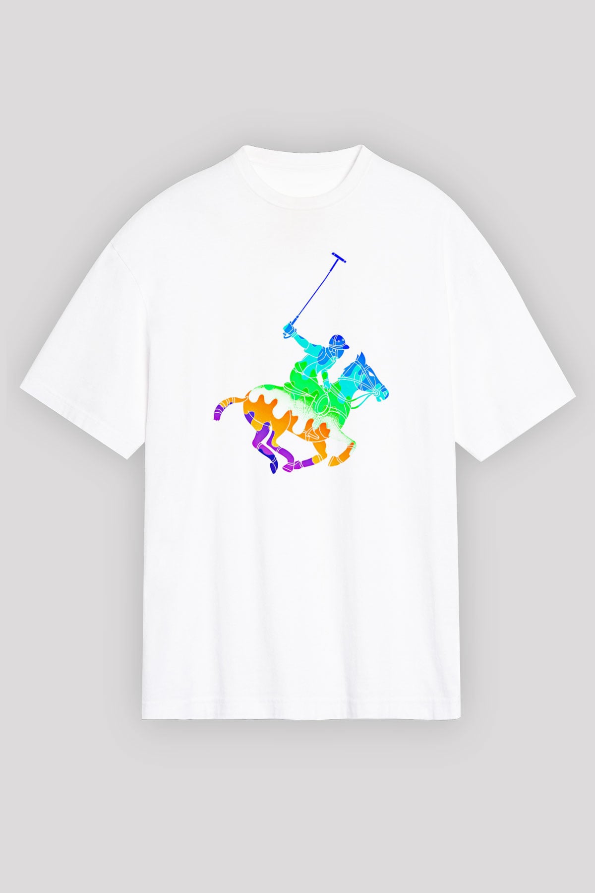 Binicilik Baskılı Unisex Beyaz Oversize Tişört - Tshirt