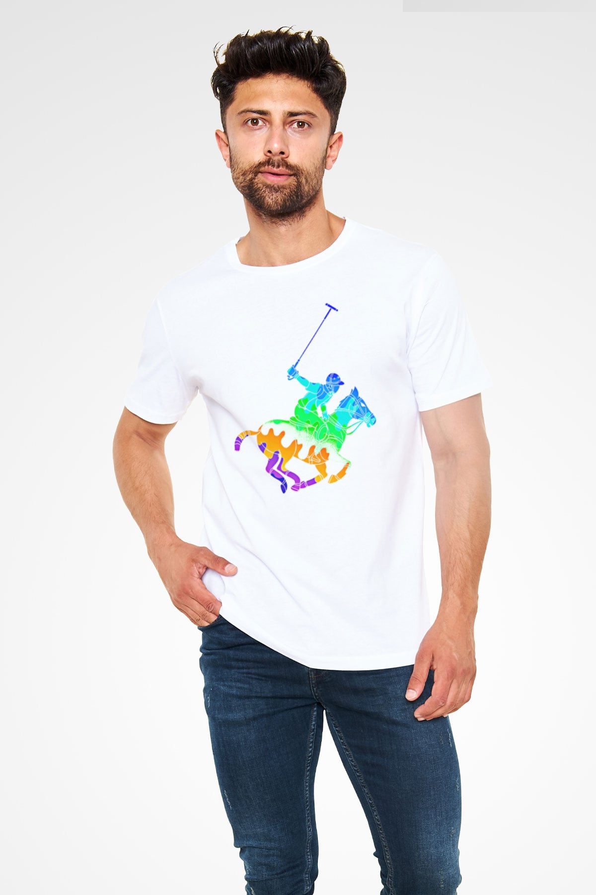 Binicilik Baskılı Unisex Beyaz Tişört - Tshirt