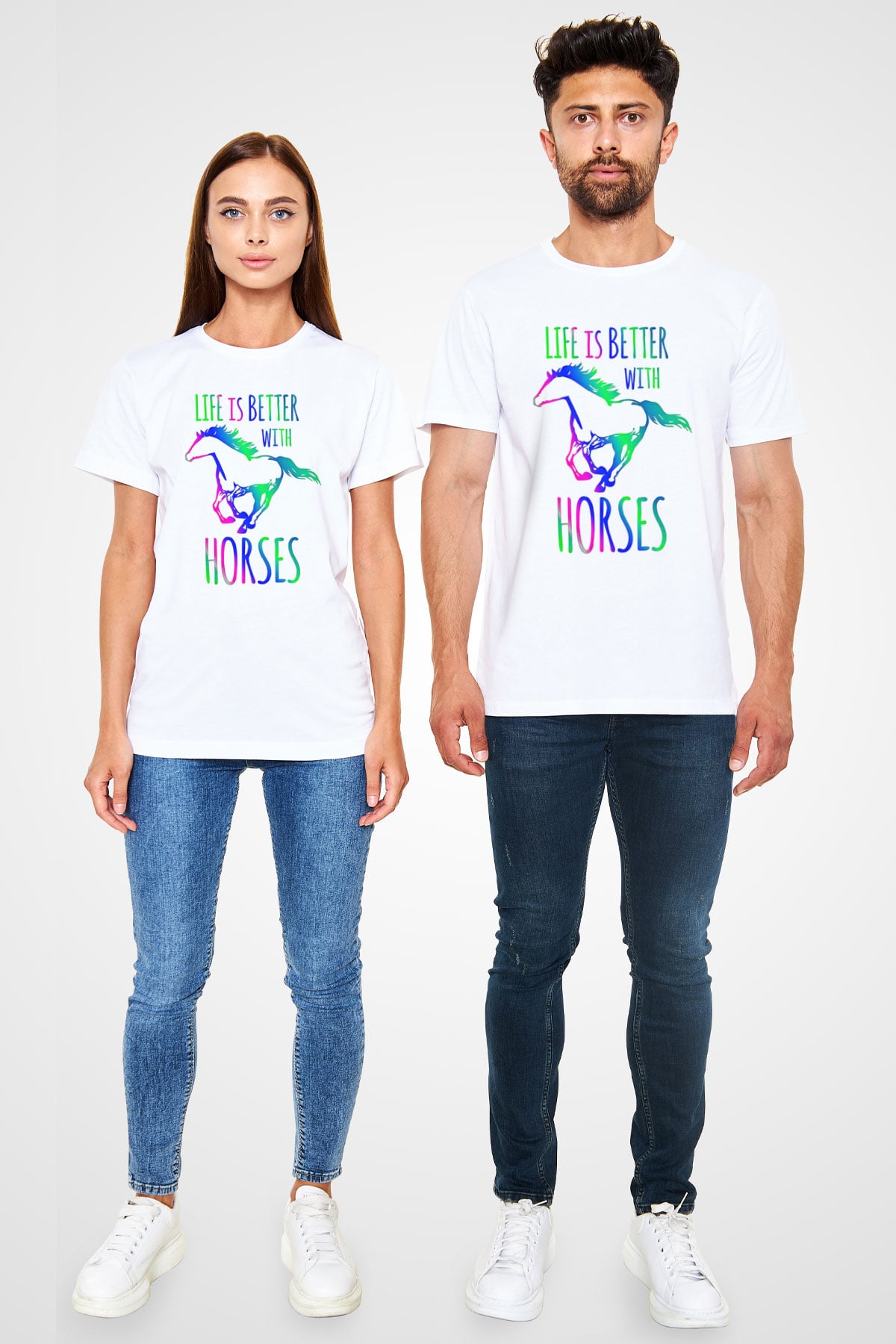 Binicilik Baskılı Unisex Beyaz Tişört - Tshirt