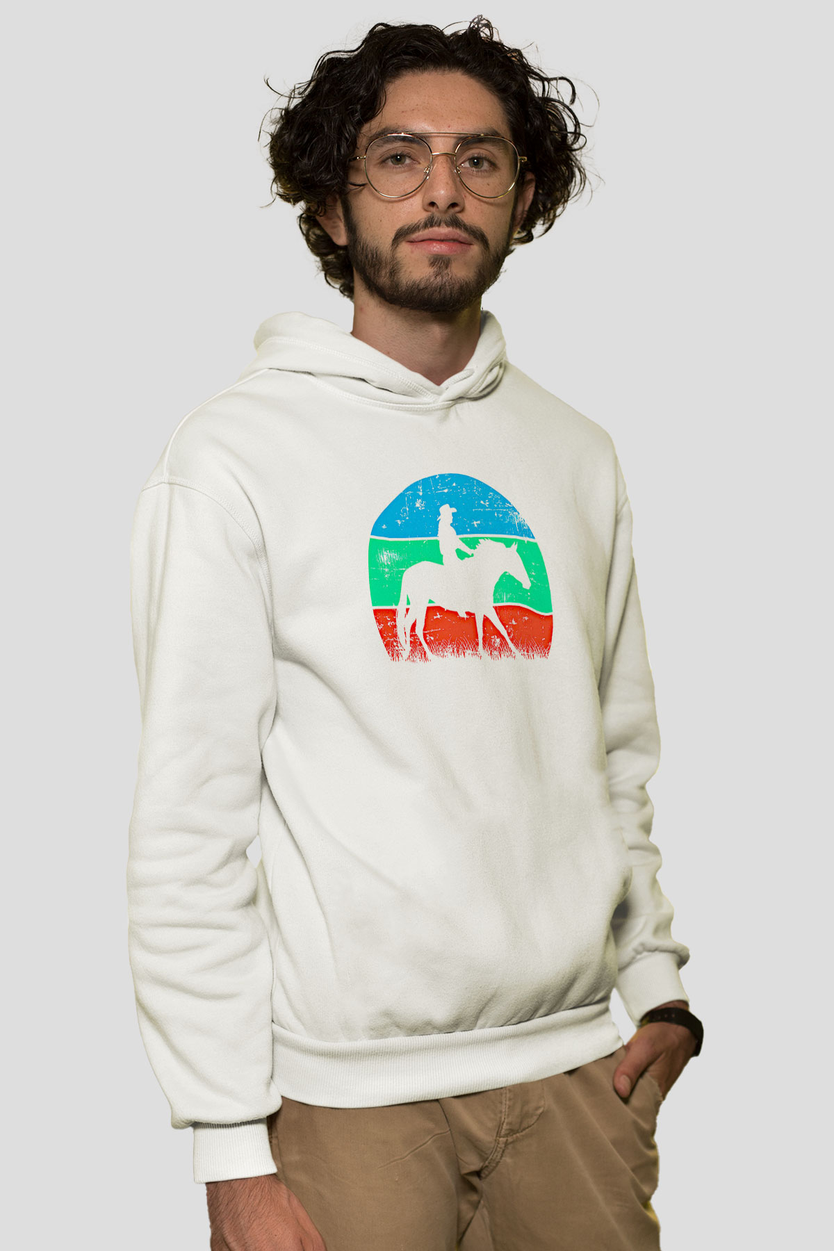Binicilik Baskılı Unisex Ekru Hoodie