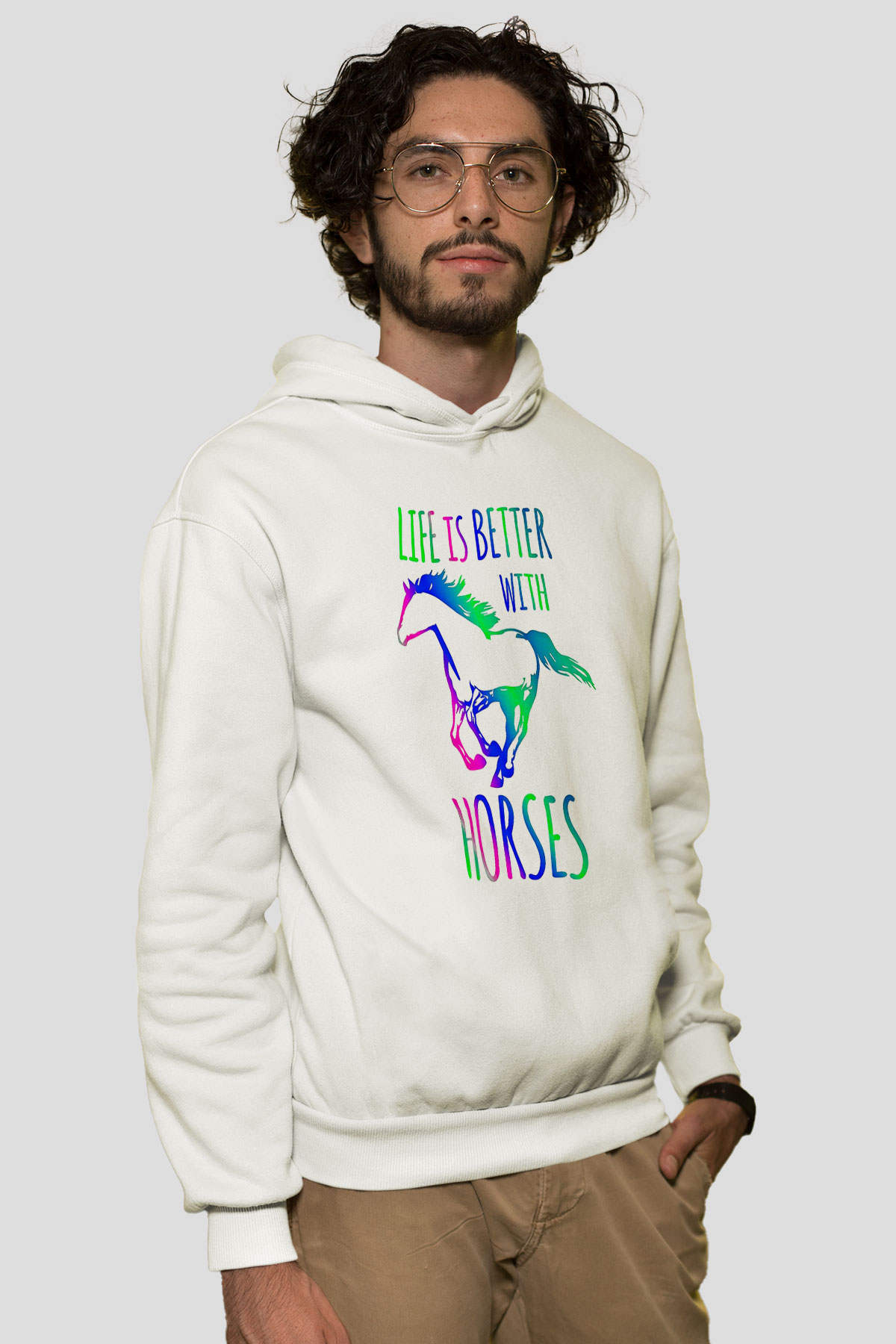 Binicilik Baskılı Unisex Ekru Hoodie