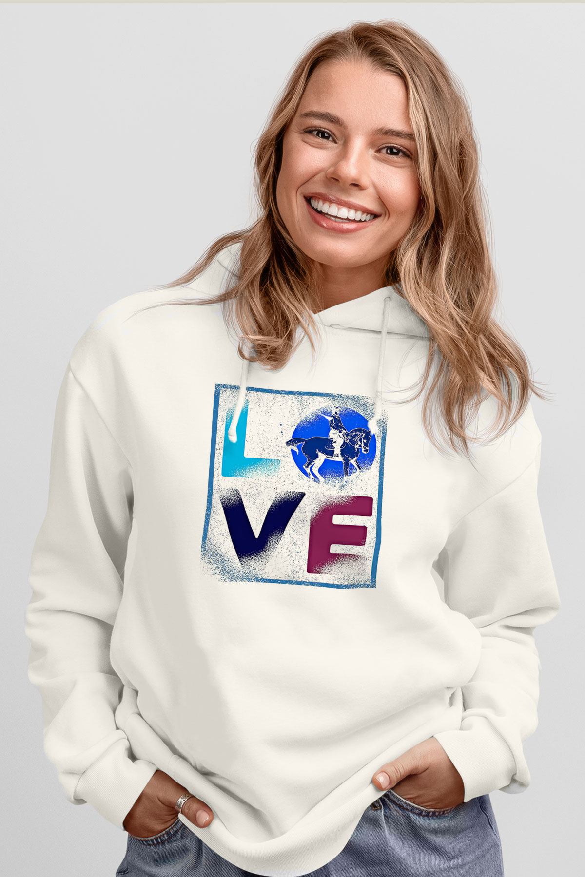 Binicilik Baskılı Unisex Ekru Hoodie