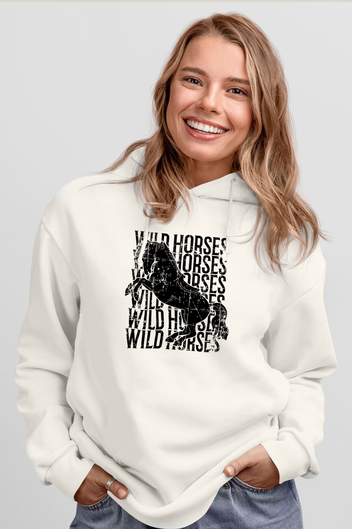 Binicilik Baskılı Unisex Ekru Hoodie