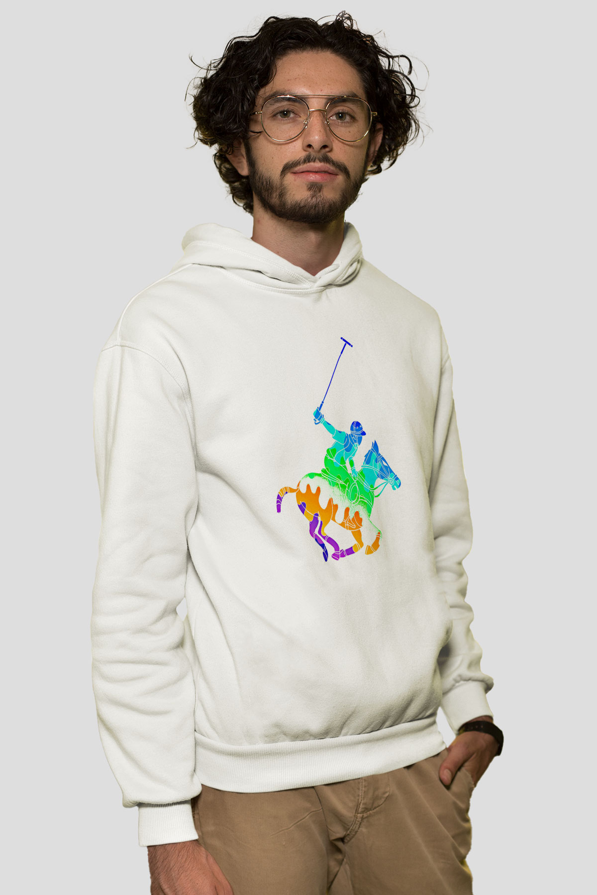 Binicilik Baskılı Unisex Ekru Hoodie