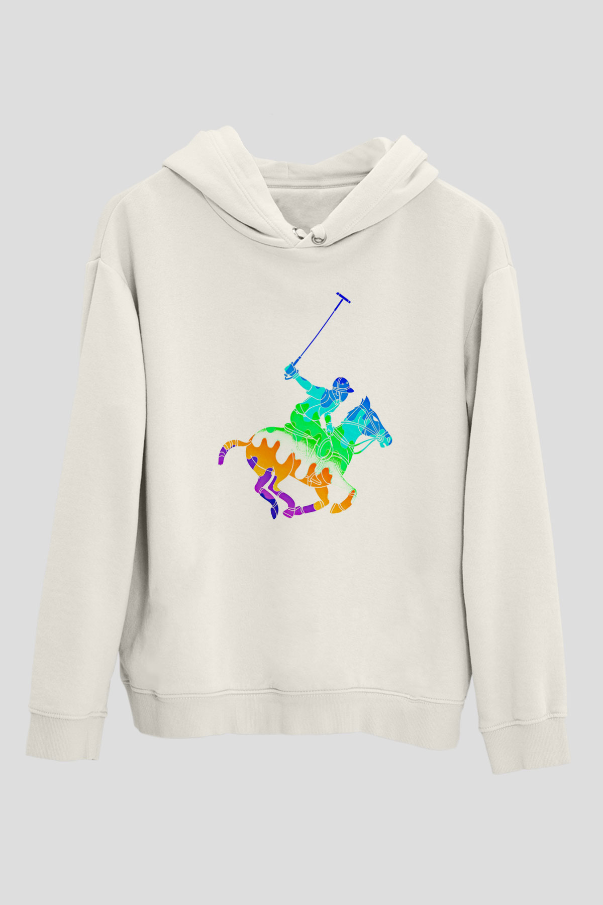 Binicilik Baskılı Unisex Ekru Hoodie