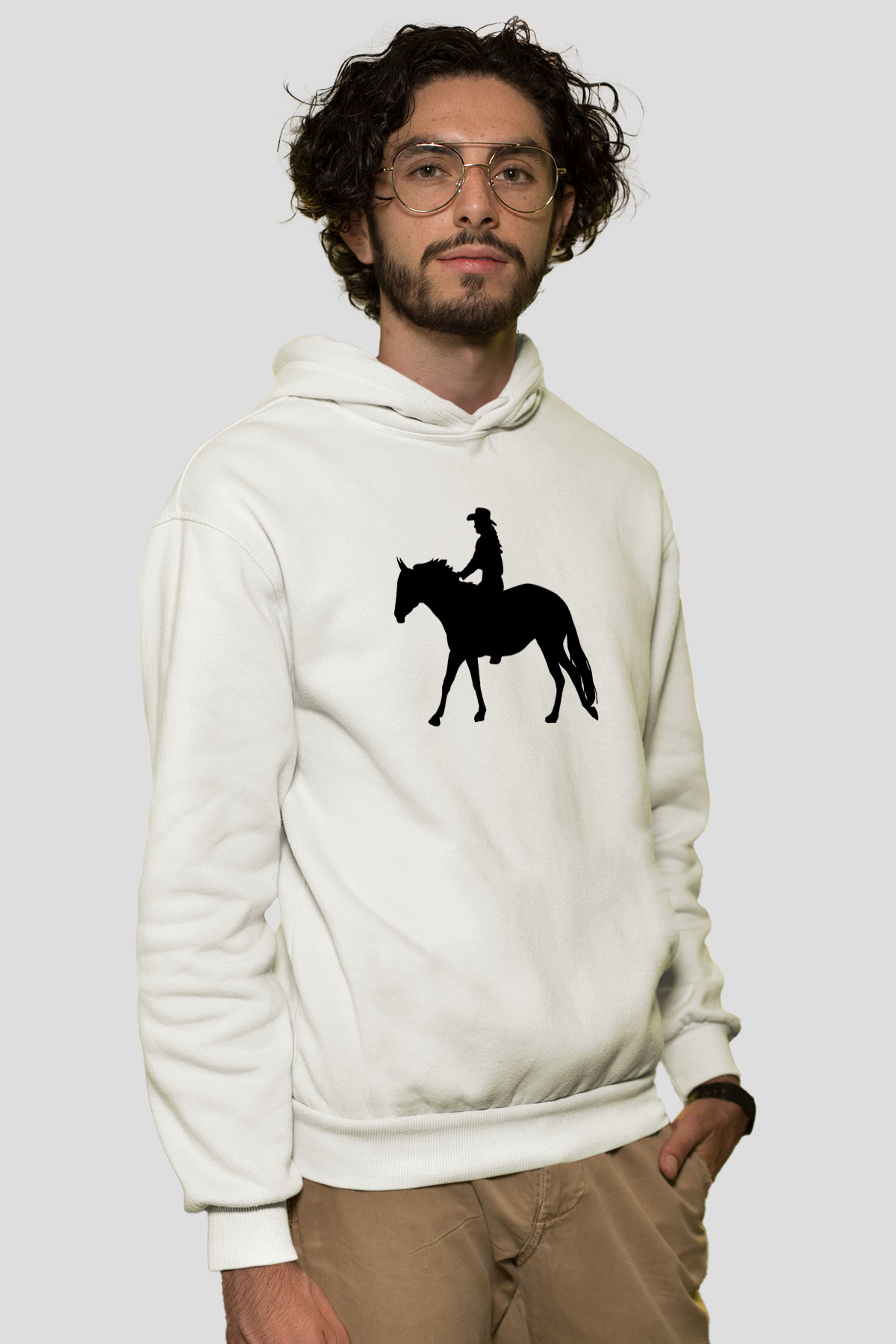 Binicilik Baskılı Unisex Ekru Hoodie