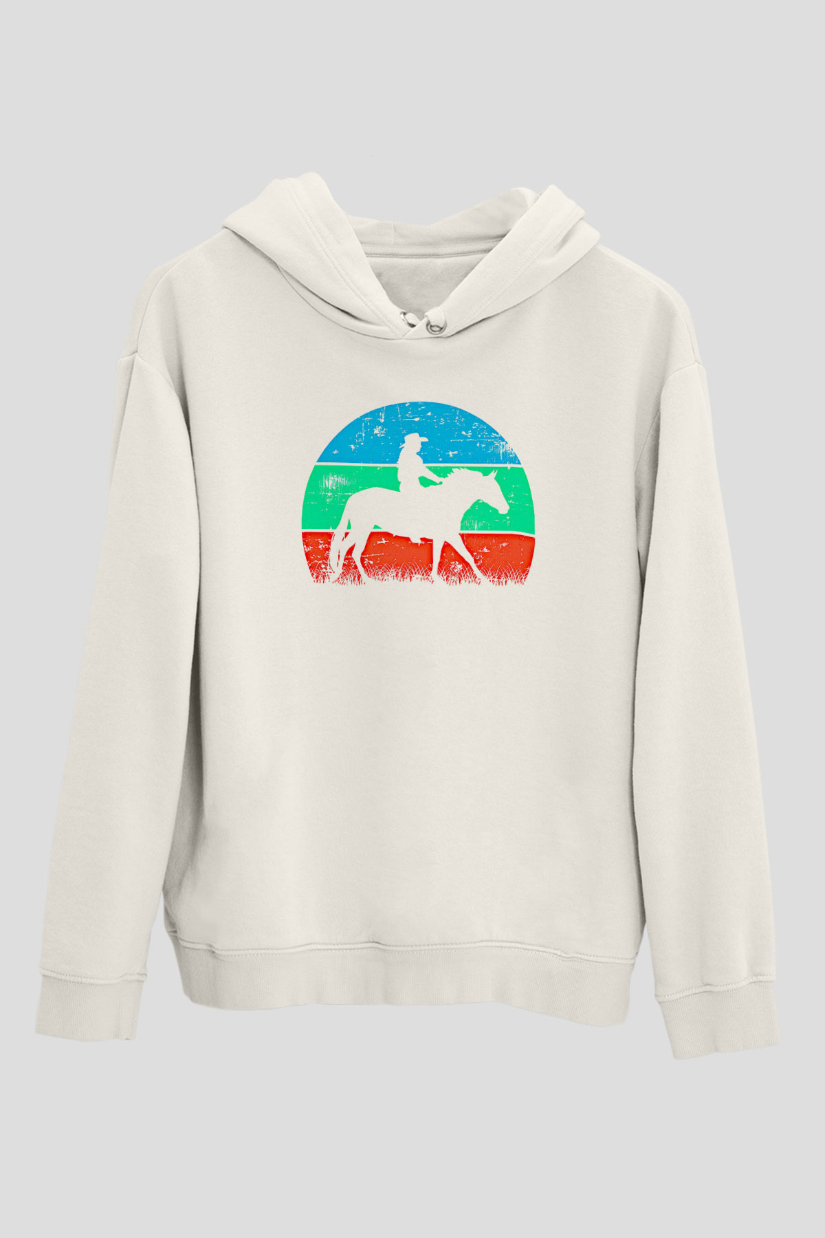 Binicilik Baskılı Unisex Ekru Hoodie