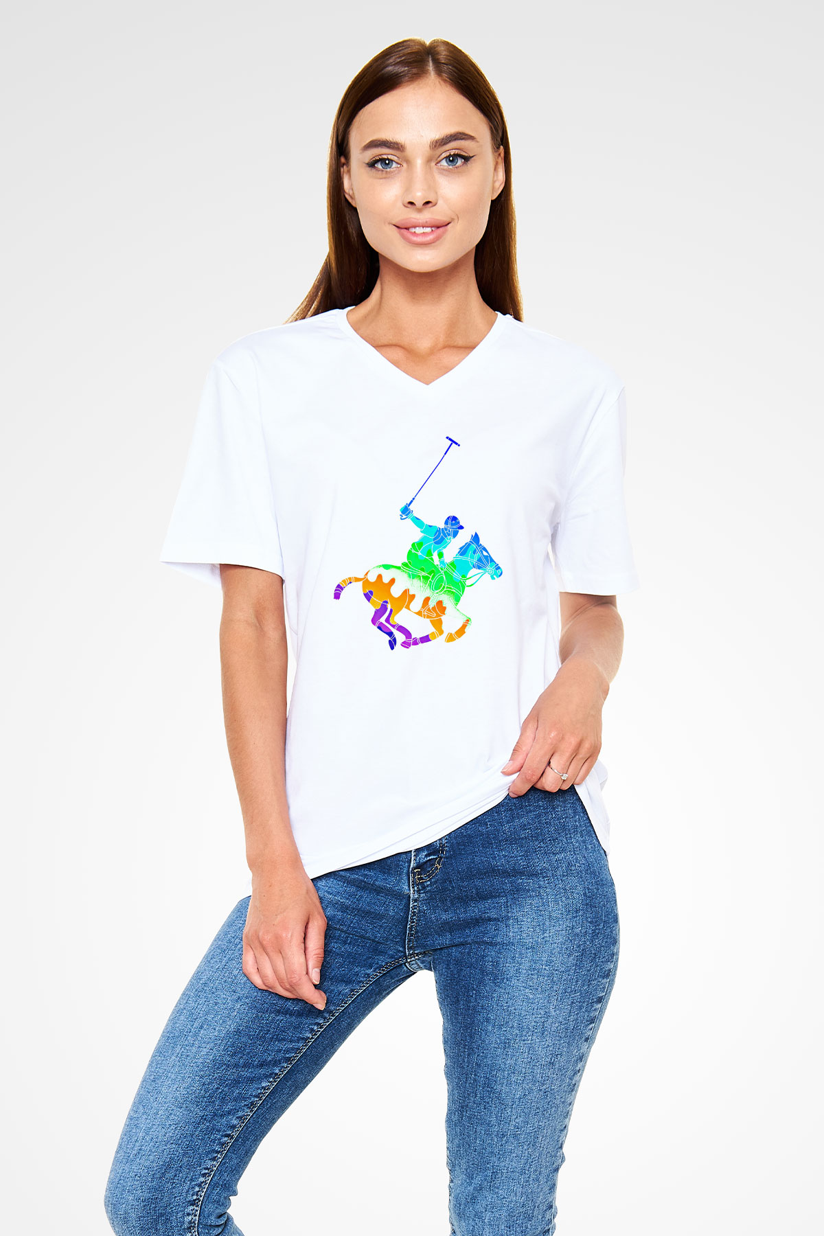 Binicilik Baskılı Unisex V Yaka Tişört - Tshirt