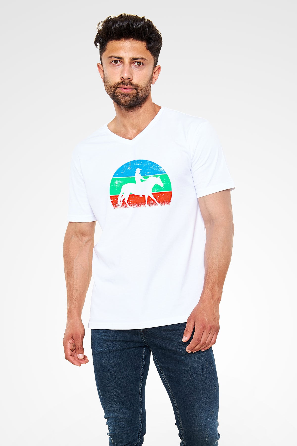 Binicilik Baskılı Unisex V Yaka Tişört - Tshirt