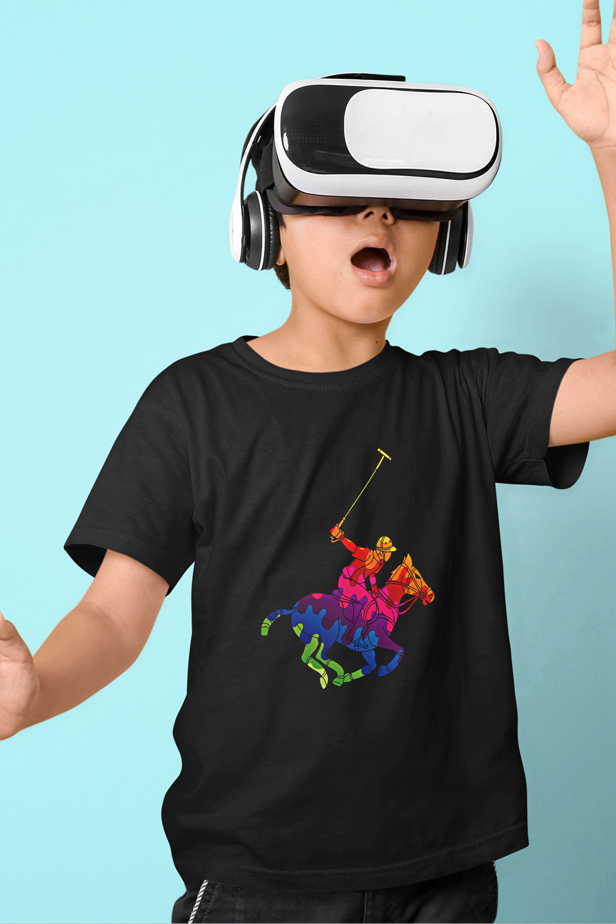 Binicilik - Riding Baskılı Unisex Siyah Çocuk Tİşörtü - Tshirt