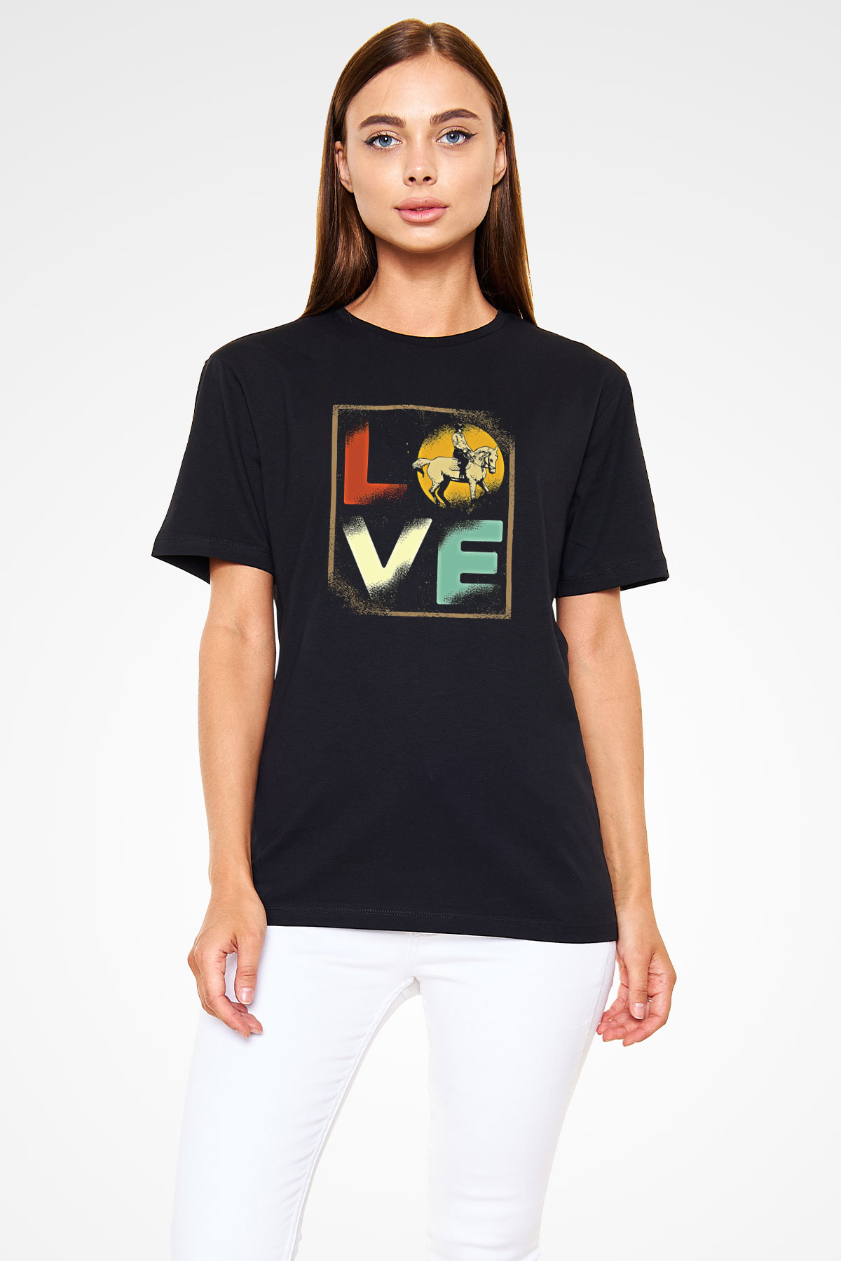 Binicilik - Riding Baskılı Unisex Siyah Tişört - Tshirt