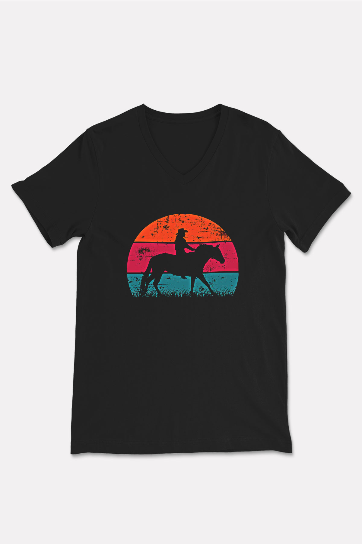 Binicilik - Riding Baskılı Unisex Siyah V Yaka Tişört