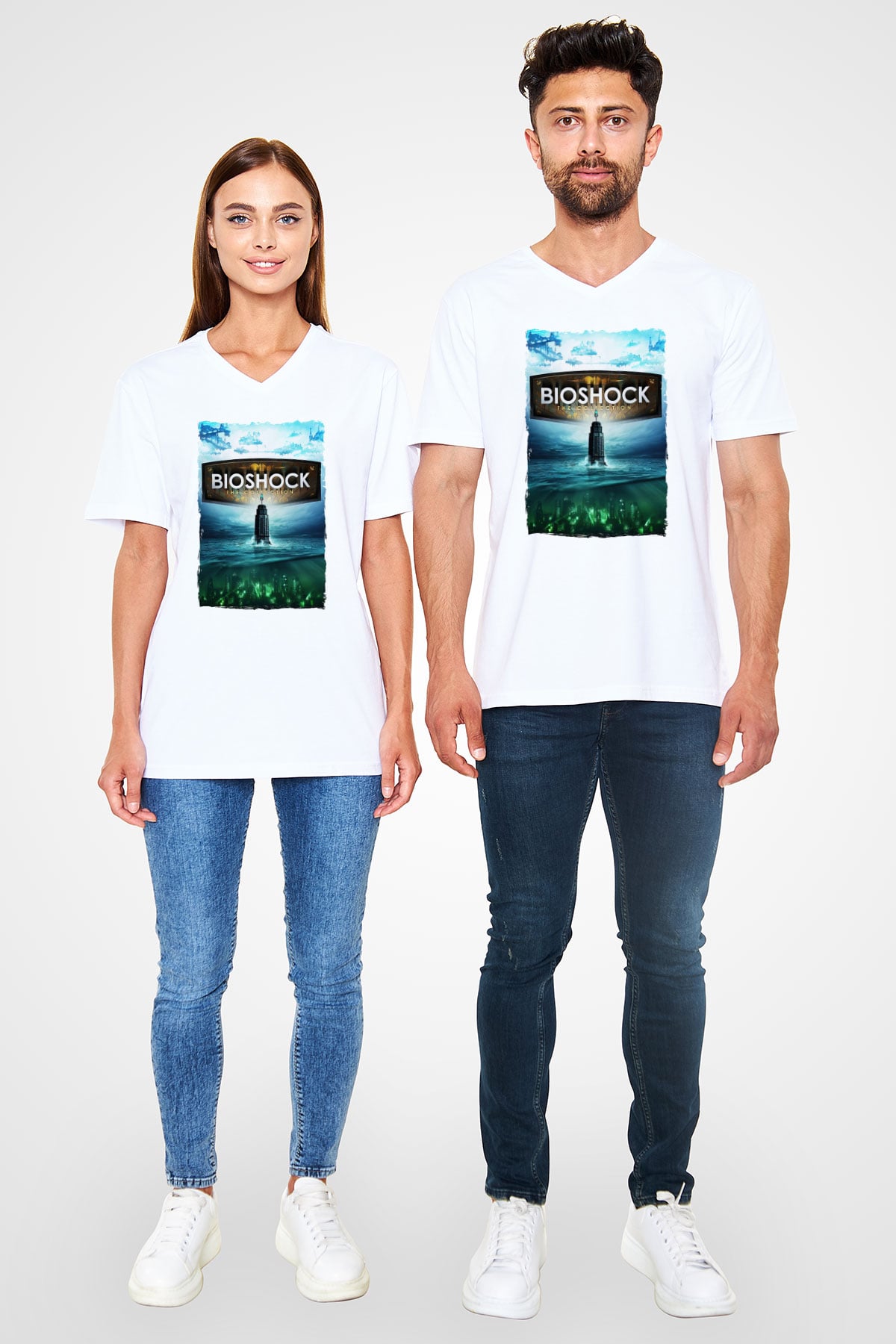 BioShock Beyaz Unisex V Yaka Tişört