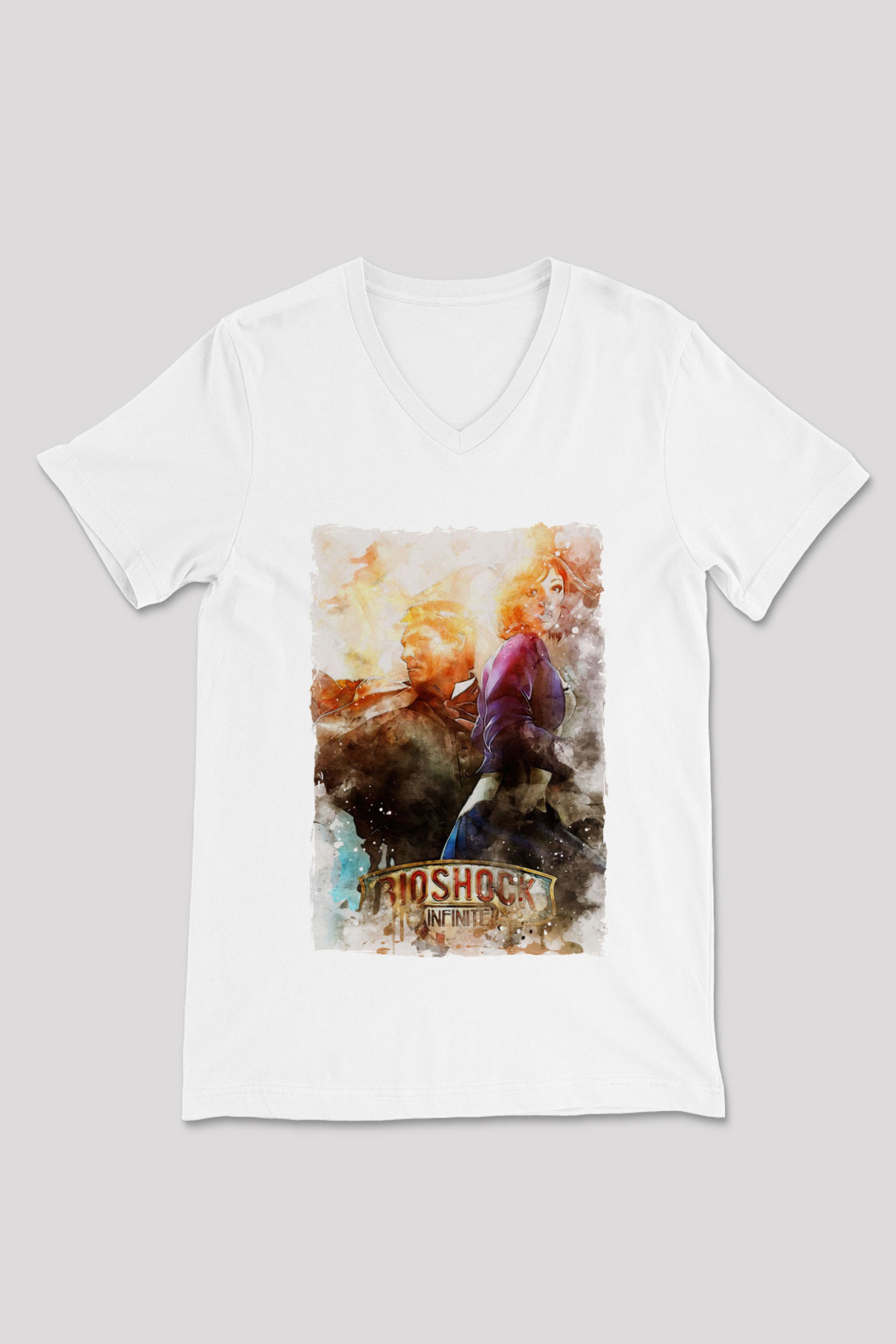 BioShock Beyaz Unisex V Yaka Tişört