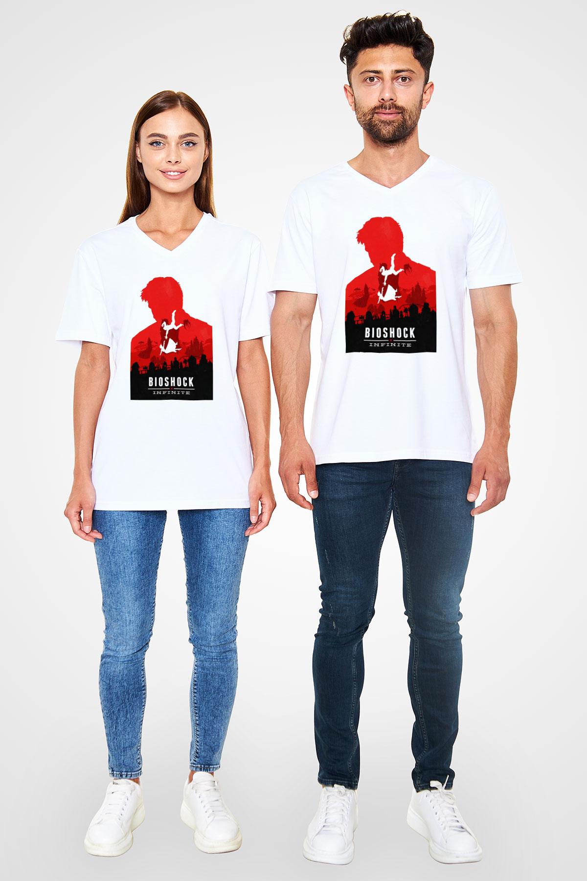 BioShock Beyaz Unisex V Yaka Tişört T-Shirt