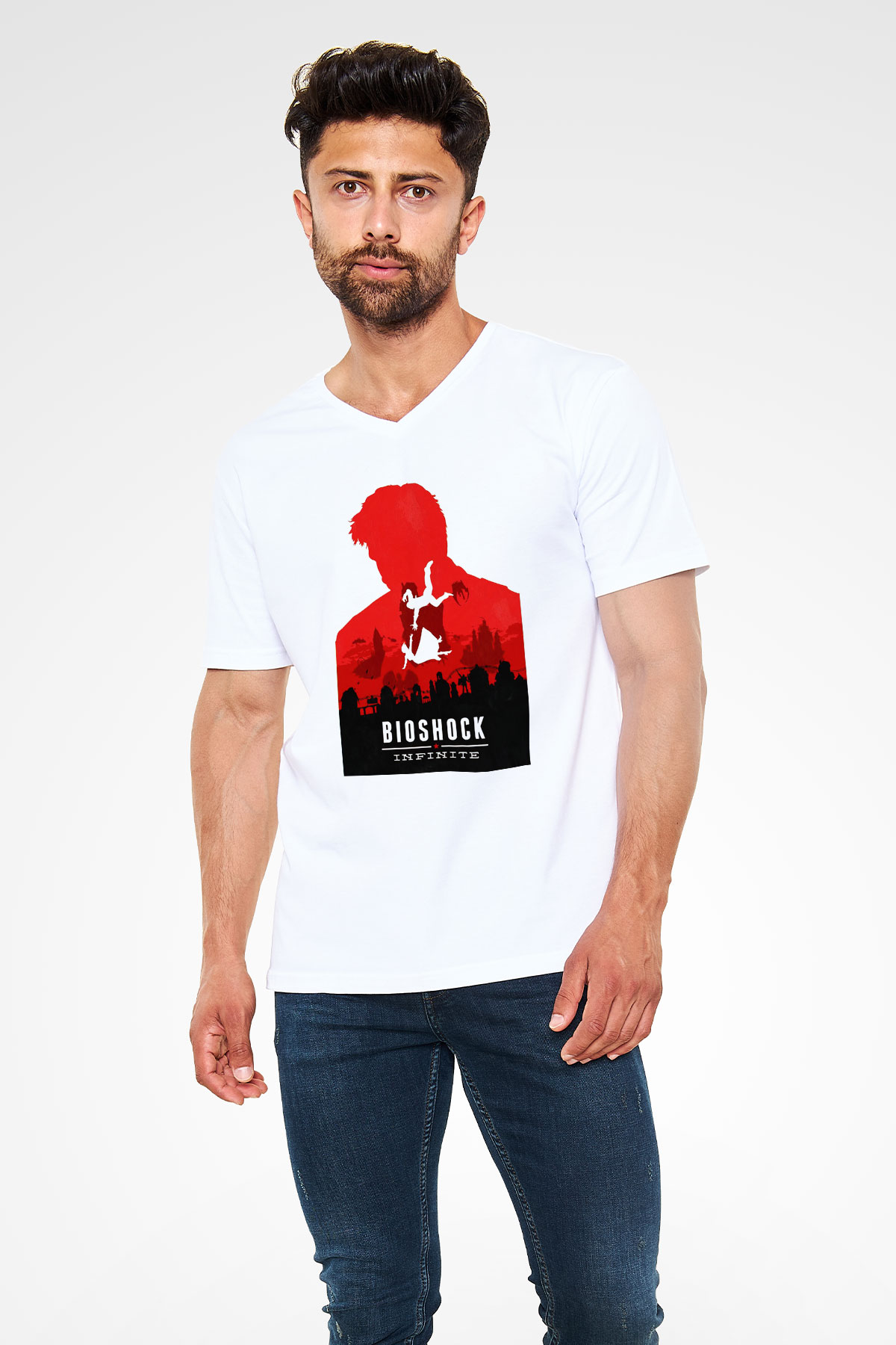 BioShock Beyaz Unisex V Yaka Tişört T-Shirt