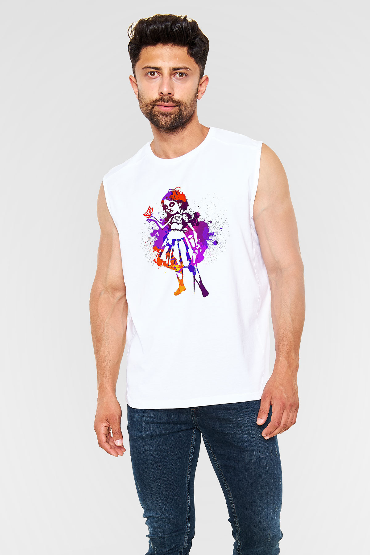 Bioshock James Baskılı Beyaz Unisex Kolsuz Tişört - Tshirt