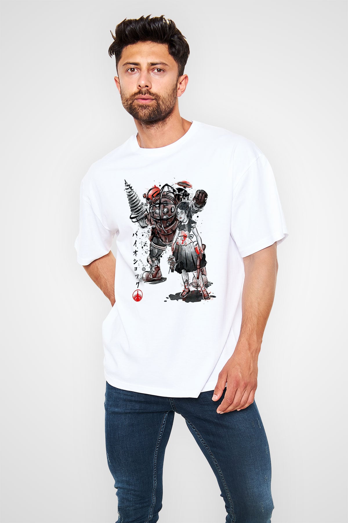 Bioshock James Baskılı Beyaz Unisex Oversize Tişört - Tshirt