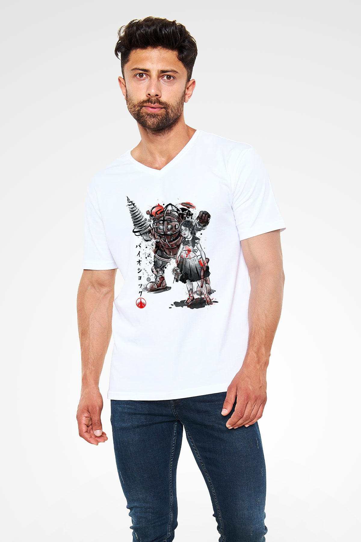Bioshock James Baskılı Beyaz Unisex V Yaka Tişört - Tshirt