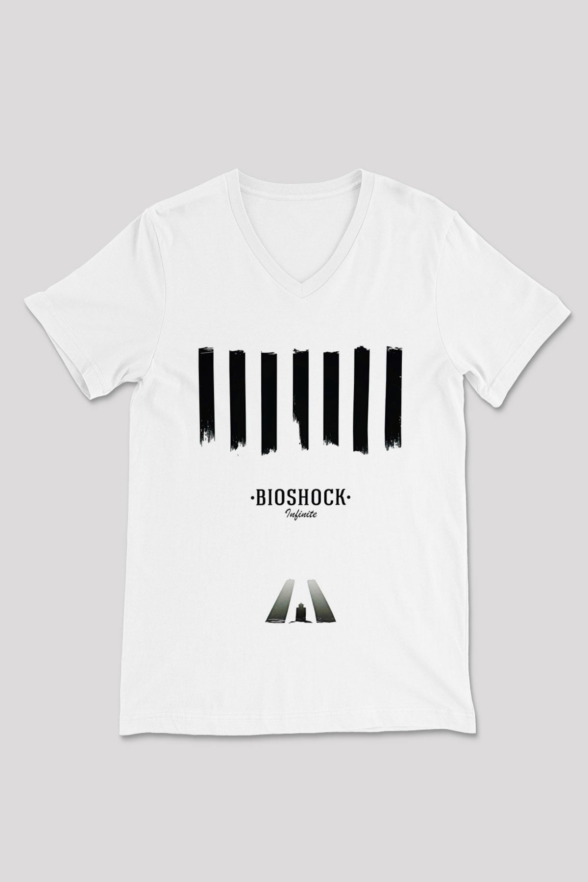 Bioshock James Baskılı Beyaz Unisex V Yaka Tişört - Tshirt