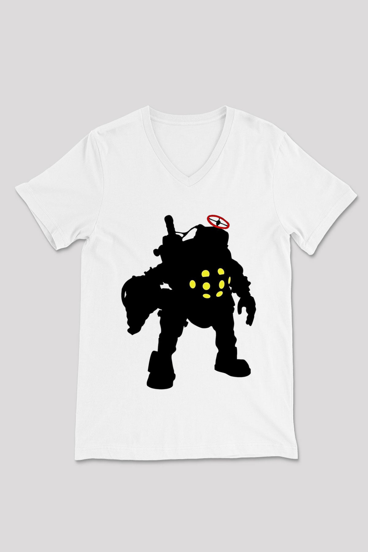 Bioshock James Baskılı Beyaz Unisex V Yaka Tişört - Tshirt