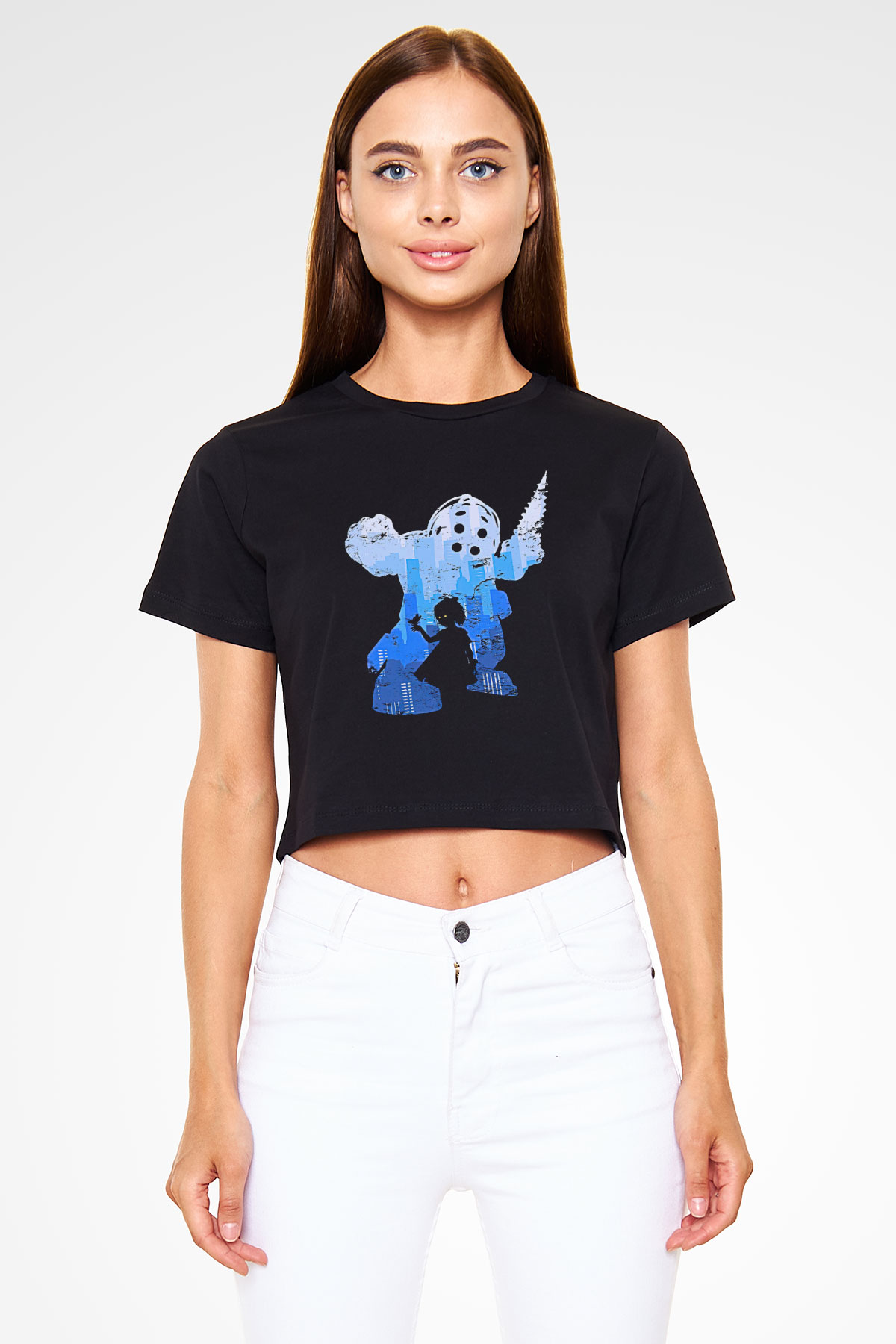 Bioshock James Baskılı Siyah Crop Top Kadın Tişört - Tshirt