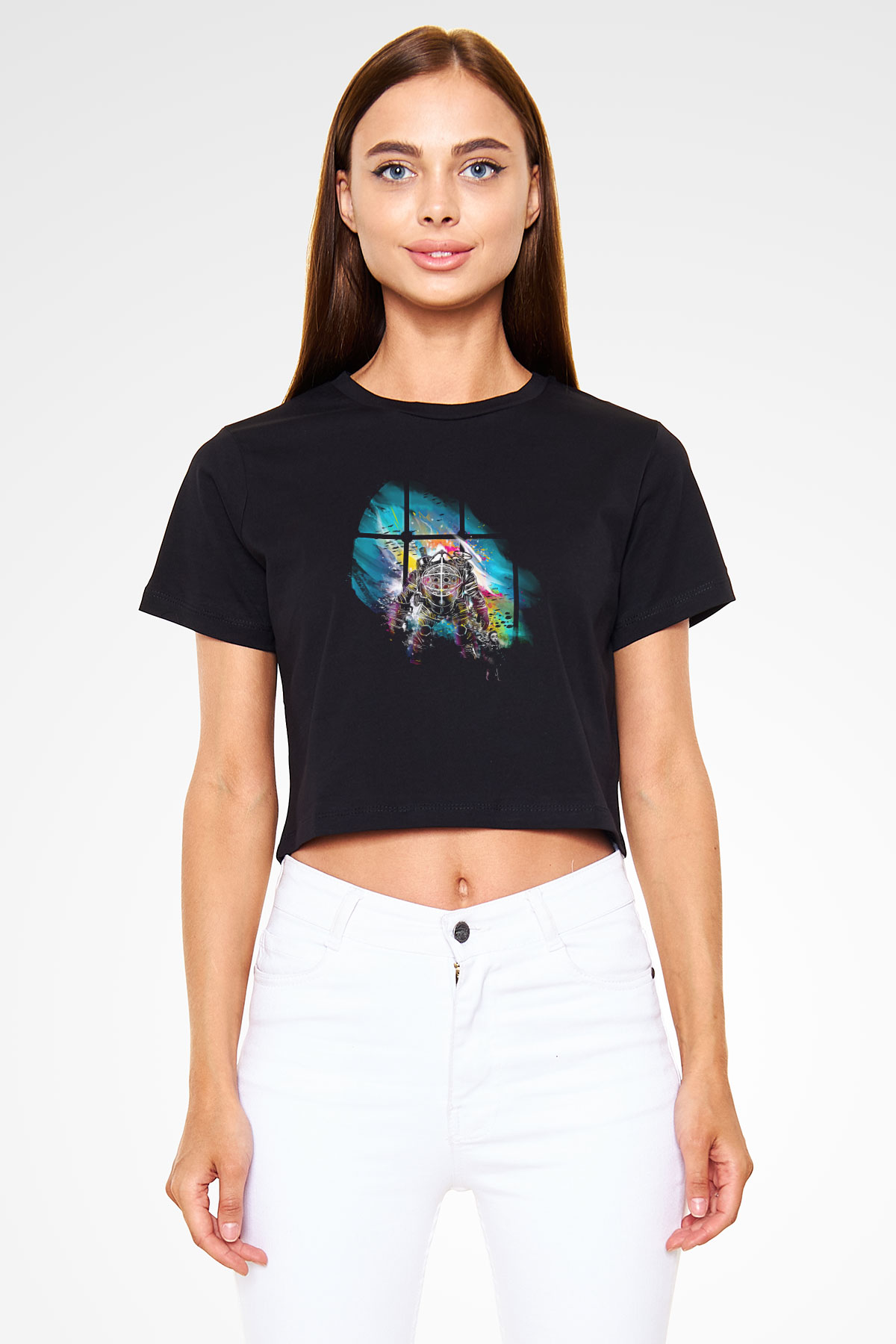 Bioshock James Baskılı Siyah Crop Top Kadın Tişört - Tshirt