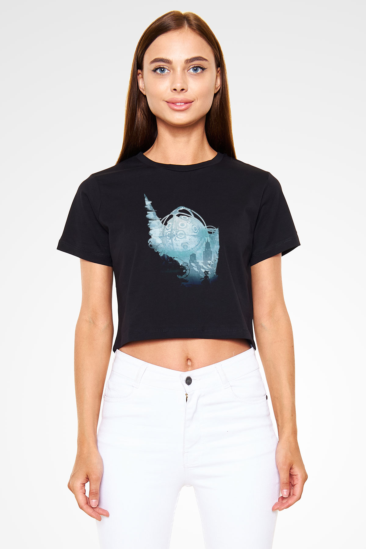 Bioshock James Baskılı Siyah Crop Top Kadın Tişört - Tshirt