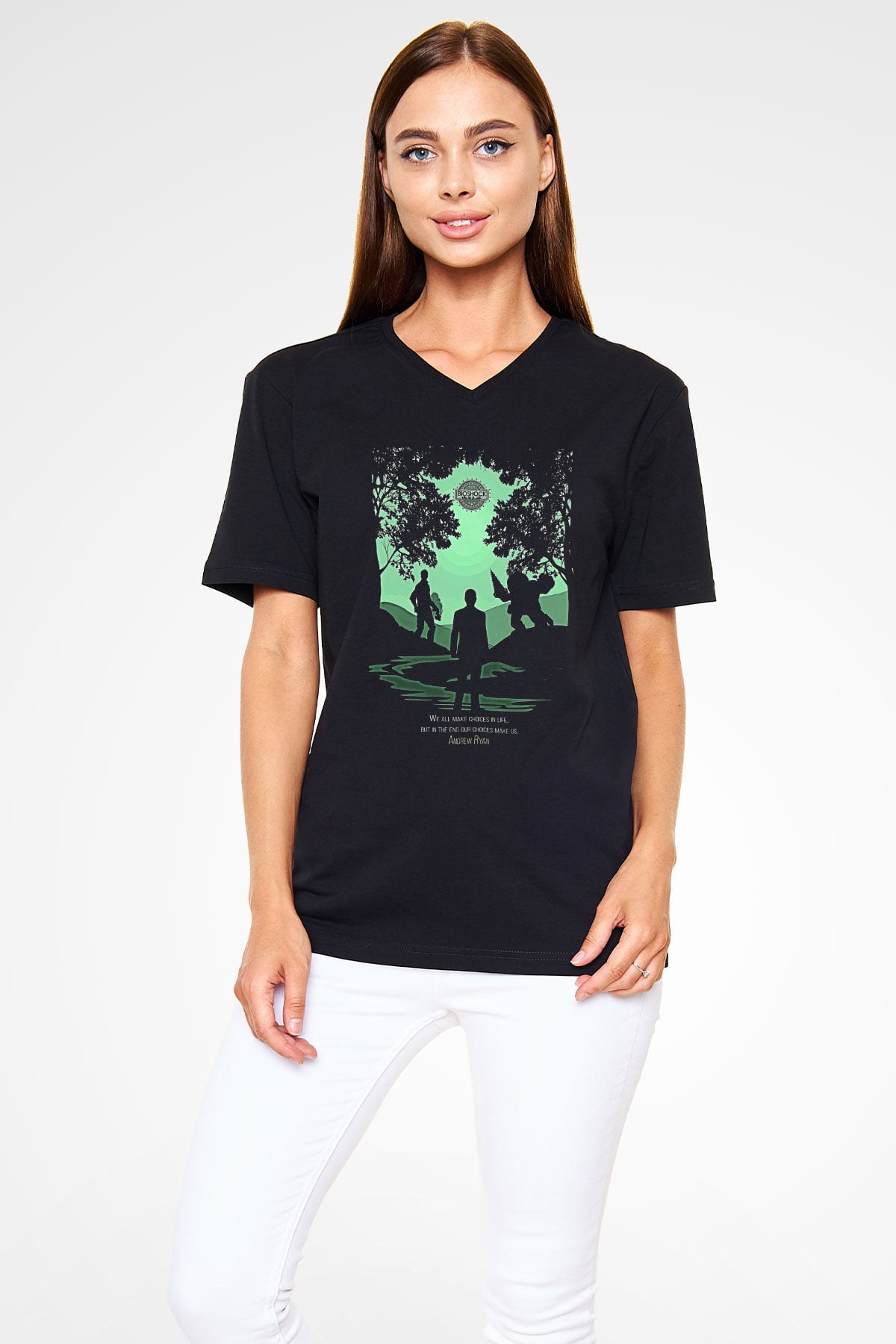 Bioshock James Baskılı Unisex Siyah V Yaka Tişört - Tshirt
