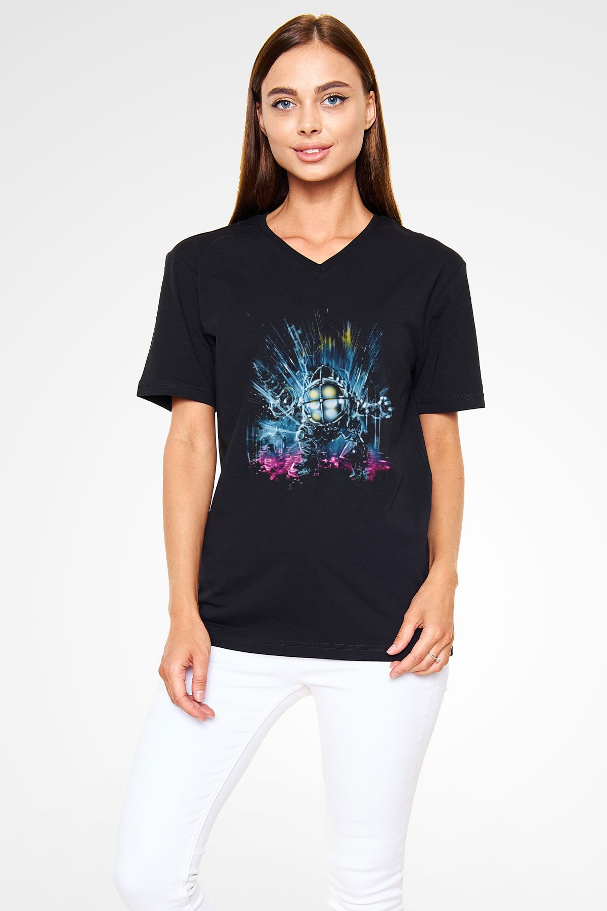 Bioshock James Baskılı Unisex Siyah V Yaka Tişört - Tshirt