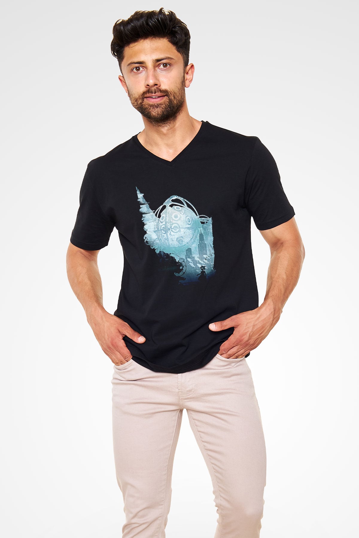 Bioshock James Baskılı Unisex Siyah V Yaka Tişört - Tshirt