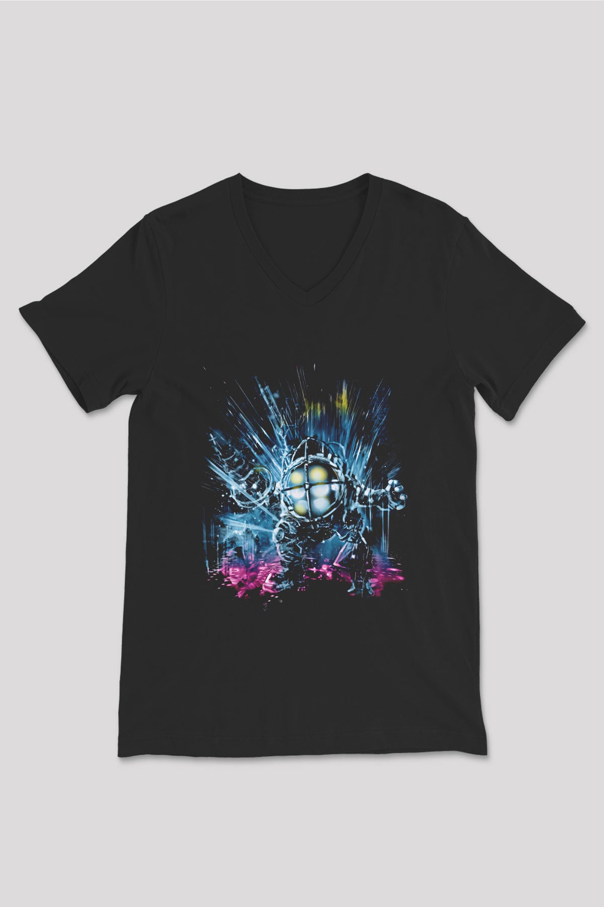 Bioshock James Baskılı Unisex Siyah V Yaka Tişört - Tshirt