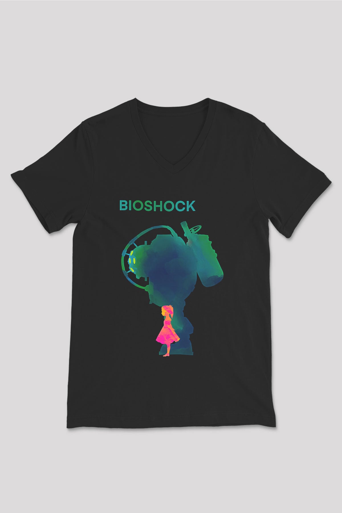 Bioshock James Baskılı Unisex Siyah V Yaka Tişört - Tshirt