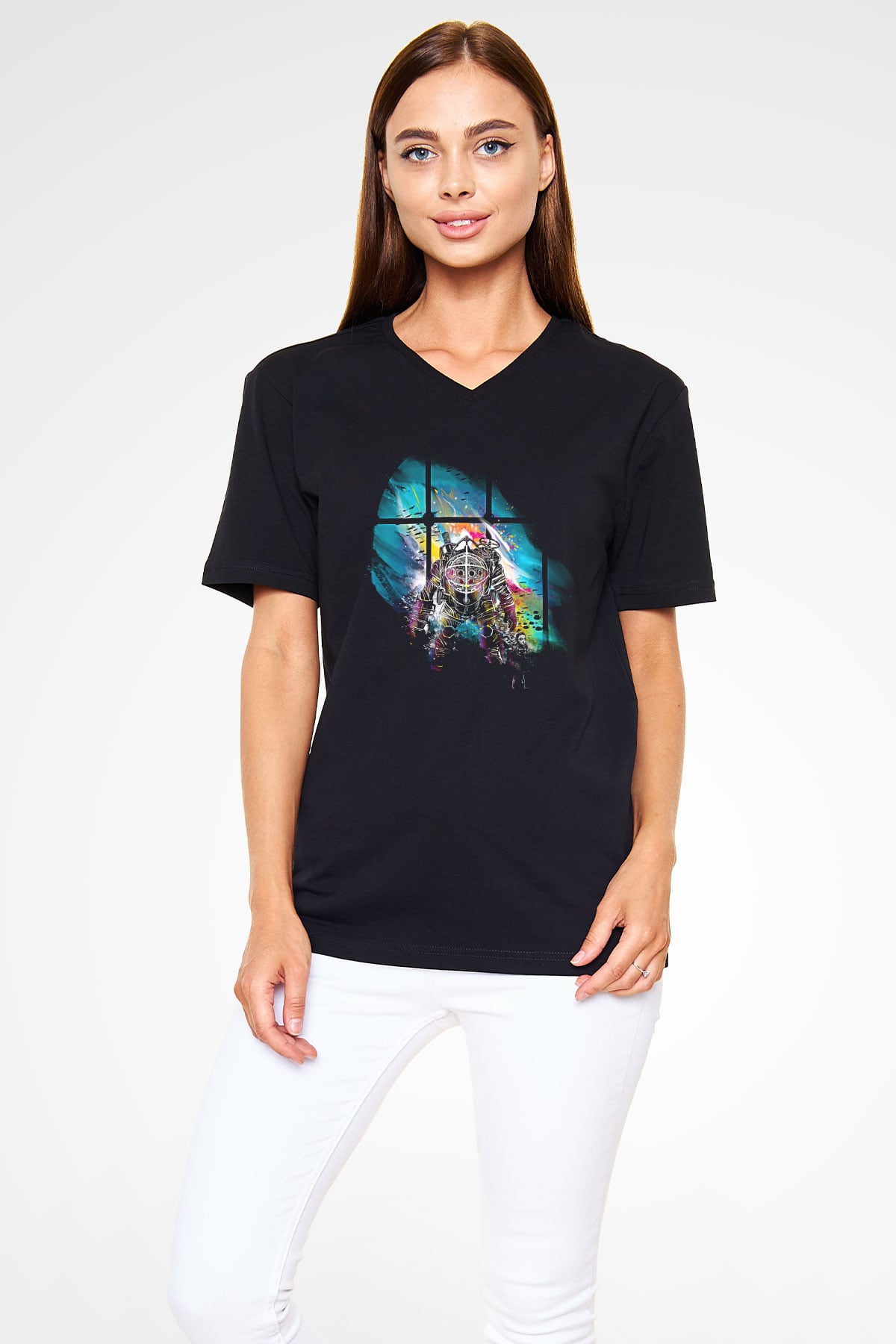 Bioshock James Baskılı Unisex Siyah V Yaka Tişört - Tshirt