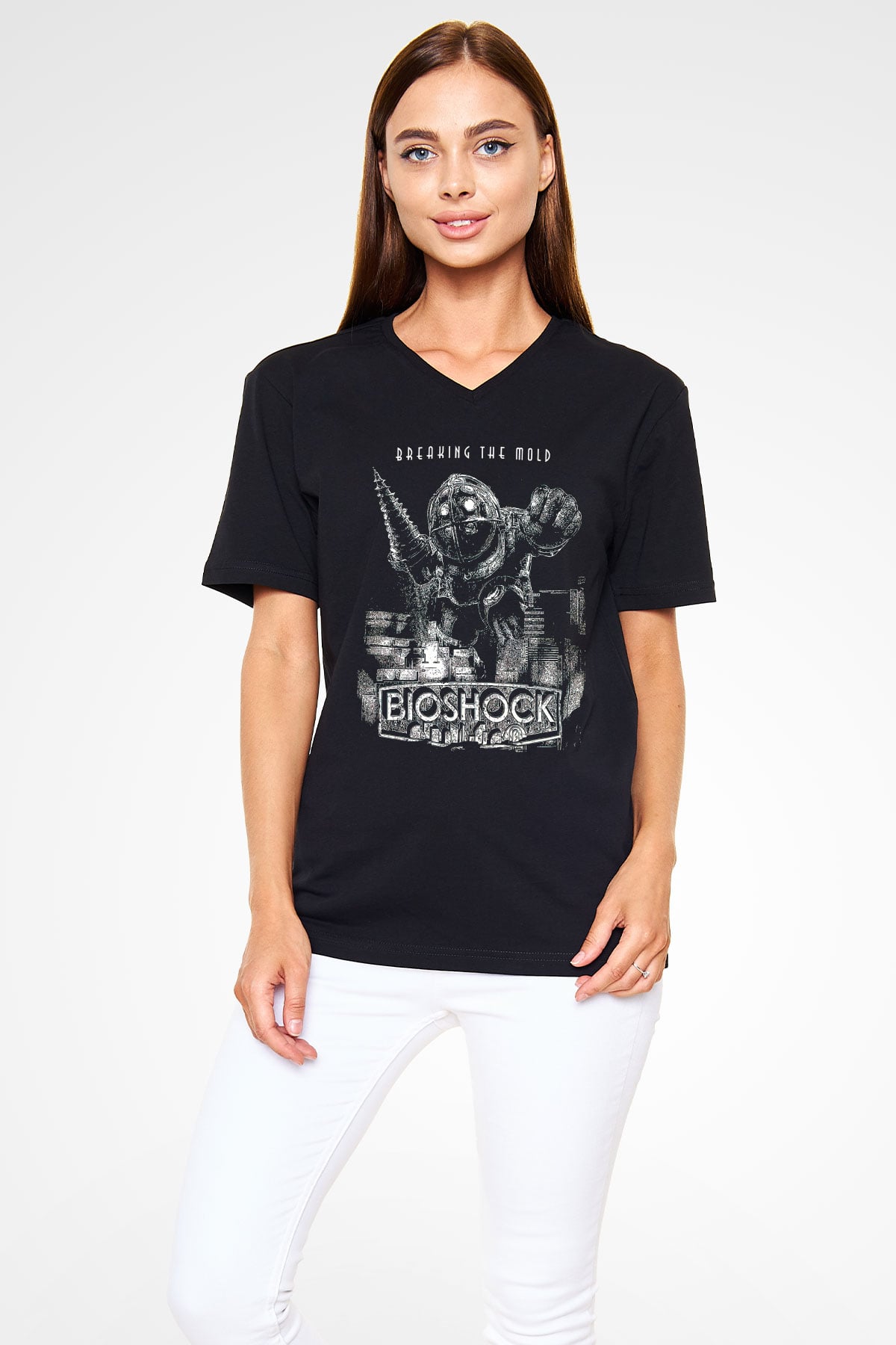 BioShock Siyah Unisex V Yaka Tişört