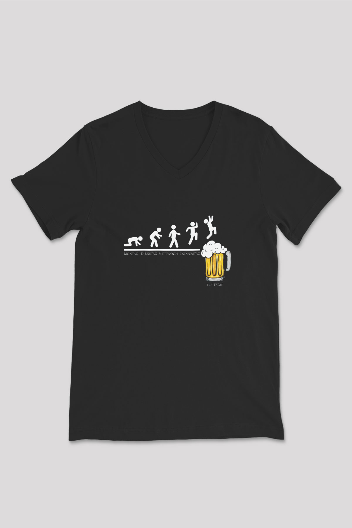 Bira Evrimi Baskılı Unisex V Yaka Siyah Tİşört - Tshirt
