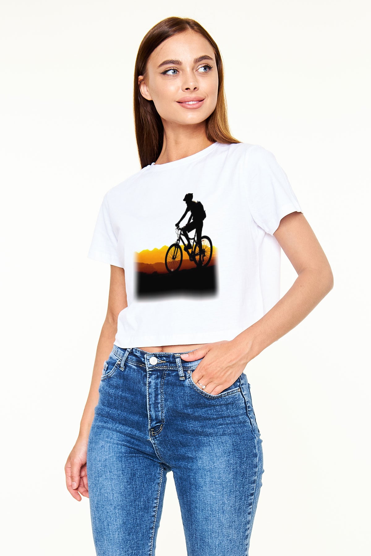 Bisiklet Beyaz Croptop Tişört